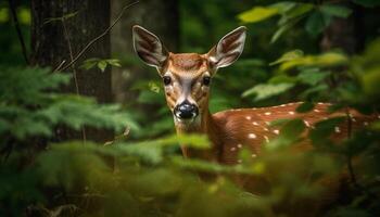 Grün Wald Schönheit im Natur jung Damhirschkuh suchen beim Kamera generiert durch ai foto