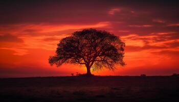 golden Akazie Baum von hinten beleuchtet durch beschwingt Sonnenuntergang Über still Wiese generiert durch ai foto