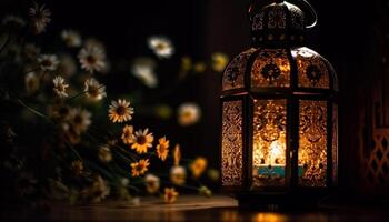 Ramadan Feier aufwendig Laternen erleuchten Arabisch Stil Dekorationen beim Nacht generiert durch ai foto