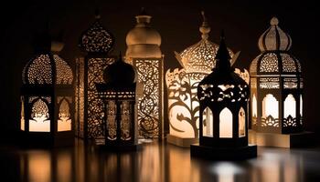 Ramadan Laternen erleuchten das Nacht im aufwendig Arabisch Stil Dekoration generiert durch ai foto