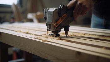 Zimmermann Sägen Planke mit elektrisch sah im Werkstatt Konstruktion Seite? ˅ generiert durch ai foto