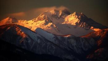 schneebedeckt Berg Gipfel zurück zündete durch Gelb Sommer- Sonnenuntergang generiert durch ai foto