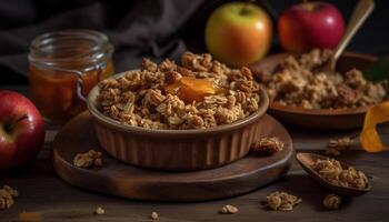 frisch organisch Apfel Granola Schüssel mit Honig, Nussbaum, und Haferflocken generiert durch ai foto