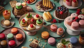 Gourmet Dessert Buffet mit Kekse, und Schokolade Genuss generiert durch ai foto