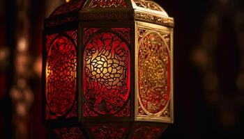 beleuchtet Arabisch Stil Laternen schmücken Nacht während Ramadan Feier generiert durch ai foto