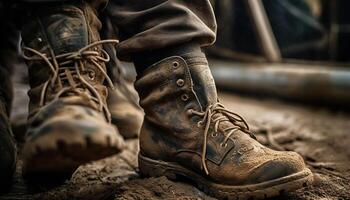 schmutzig Militär- Stiefel stapfen durch Schlamm im das Wald generiert durch ai foto