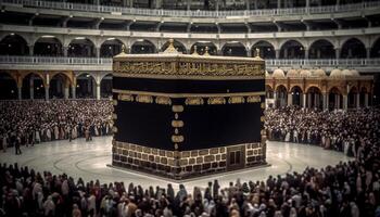 spirituell Männer beten beim majestätisch Moschee im überfüllt Stadtbild generiert durch ai foto