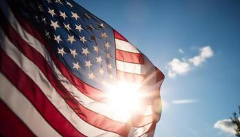 amerikanisch Flagge winken im das Wind, Symbol von Patriotismus und Freiheit generiert durch ai foto