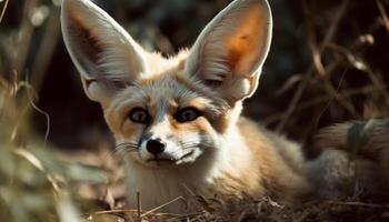 flauschige rot Fuchs Sitzung im Gras, suchen beim Kamera generiert durch ai foto