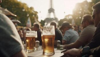 Gruppe von Menschen Trinken Bier beim traditionell Deutsche Festival draußen generiert durch ai foto