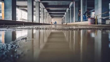 Mann Gehen durch nass U-Bahn Bahnhof, reflektieren auf Stadt Leben generiert durch ai foto