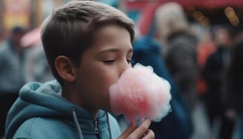 süß Jungs genießen mit ...-Geschmack Eis, lächelnd und haben Spaß draußen generiert durch ai foto