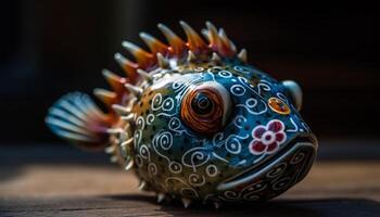 bunt Fisch Spielzeug auf Holz Tisch, perfekt Souvenir zum Tauchen Tauchen generiert durch ai foto