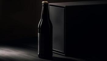 glänzend Whiskey Flasche auf schwarz Hintergrund mit Betrachtung und Eleganz generiert durch ai foto