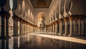 uralt Moschee mit aufwendig Arabisch Stil Minarett und Marmor Bodenbelag generiert durch ai foto