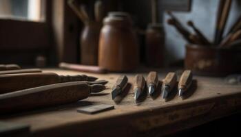 Zimmermann Werkstatt basteln Holz mit alt gestaltet Hand Werkzeuge generiert durch ai foto