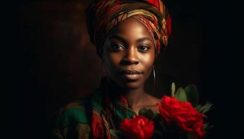 schön afrikanisch Frau strahlt aus Vertrauen und Eleganz im schließen oben Porträt generiert durch ai foto