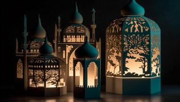Ramadan Feier beleuchtet Laternen symbolisieren Spiritualität und einheimisch Kultur generiert durch ai foto