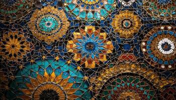 beschwingt Patchwork von Türkisch Fliesen schafft aufwendig geometrisch Hintergrund generiert durch ai foto