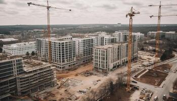 hoch erhebt euch Wolkenkratzer unter Konstruktion, geschäftig mit Aktivität und Wachstum generiert durch ai foto