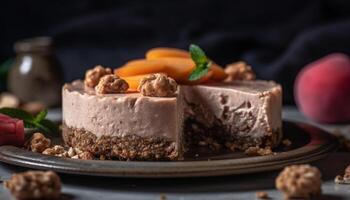 nachsichtig hausgemacht Schokolade Dessert auf rustikal hölzern Teller mit Beeren generiert durch ai foto