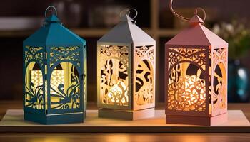 Ramadan Laterne Dekoration leuchtet Nacht mit aufwendig Arabisch Stil Beleuchtung generiert durch ai foto