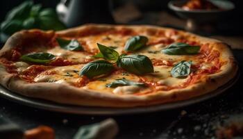 frisch gebacken Pizza mit Mozzarella und Tomate generativ ai foto