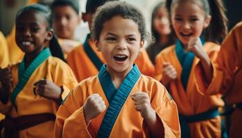 multi ethnisch Gruppe von Kinder üben Taekwondo drinnen generativ ai foto