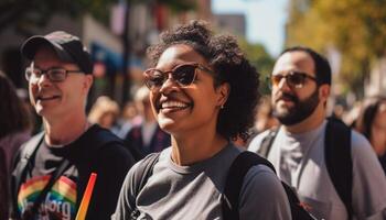 jung Erwachsene lächelnd, genießen Sommer- Stadt Leben zusammen generativ ai foto