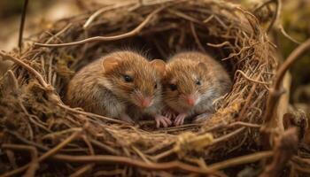 flauschige Neugeborene Nagetiere im Tier Nest draußen generativ ai foto