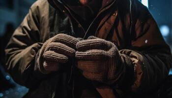 einer Erwachsene halten Jacke im schneebedeckt Wald generativ ai foto