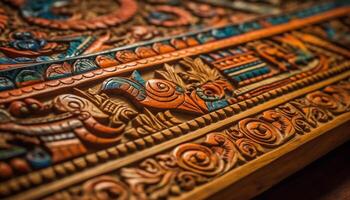 uralt Holz Mosaik Souvenir symbolisiert einheimisch Kultur generativ ai foto