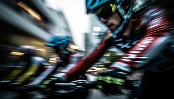 verschwommen Bewegung von Radfahrer im Stadt der Verkehr eilen generativ ai foto