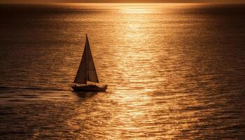 Segeln Yacht gleitet auf still Sonnenuntergang Wasser generativ ai foto