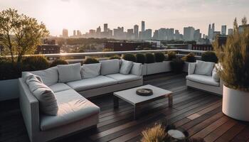 Luxus Wohnung Balkon übersieht städtisch Horizont beim Dämmerung generativ ai foto