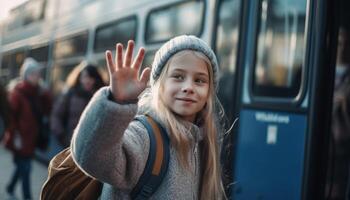 süß Mädchen auf Bus, genießen Herbst Abenteuer generativ ai foto