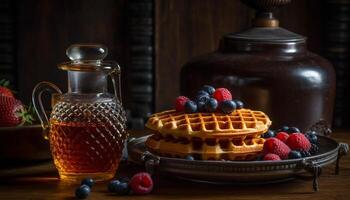 frisch Beere Pfannkuchen auf rustikal hölzern Tabelle generativ ai foto