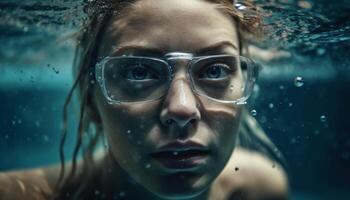 jung Frau Unterwasser, Schönheit im Blau Wasser generativ ai foto