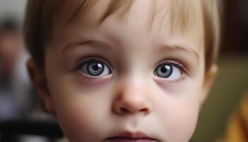 süß kaukasisch Kleinkind Junge lächelnd zum Kamera generativ ai foto
