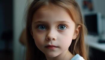süß kaukasisch Kleinkind mit Blau Augen lächelnd glücklich generativ ai foto