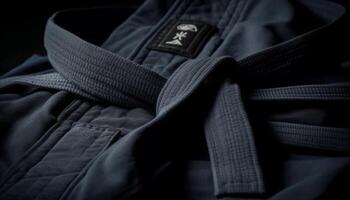 dunkel Leder Jacke mit Metall Reißverschluss und Gürtel generativ ai foto