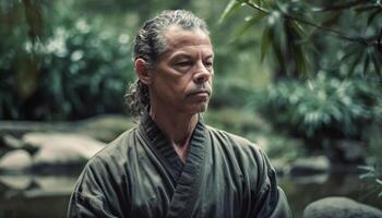 reifen Mann meditiert im still japanisch Wald generativ ai foto