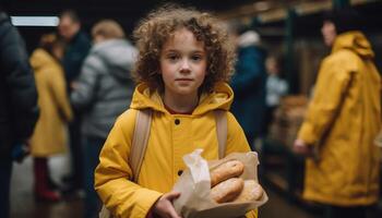 lächelnd Junge Kauf Brot beim das Supermarkt generativ ai foto