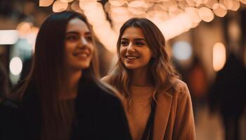 zwei jung Frauen gehen, umarmen, genießen Winter Nacht generativ ai foto