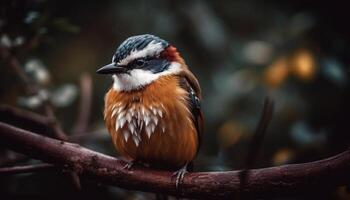 klein Vogel sich niederlassen auf Zweig, Gelb Gefieder generativ ai foto