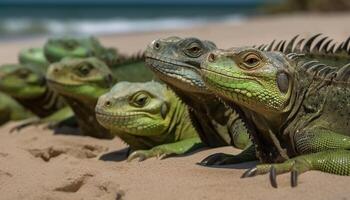 Grün Leguan ruhen auf Sand durch Küste generativ ai foto