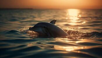 spielerisch Flasche Nase Delfin spritzt im still Meer generativ ai foto