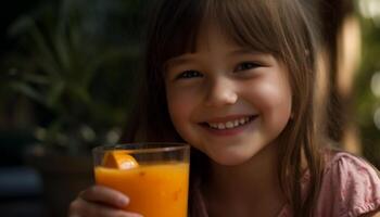 süß Mädchen genießt erfrischend Orange Saft draußen generativ ai foto