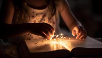 kaukasisch Mädchen studieren Buch durch Kerze Flamme generiert durch ai foto