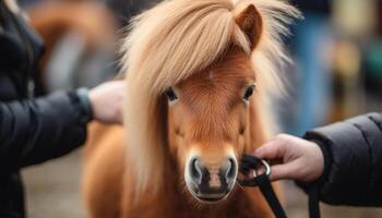 süß Pony Nase, Hand gestreichelt durch Frau generiert durch ai foto